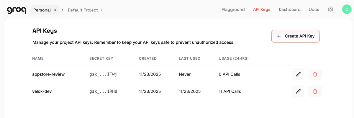 Groq Console API Keys page