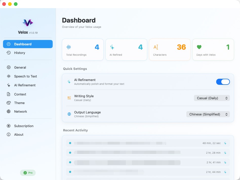 Velox Dashboard with Statistics
